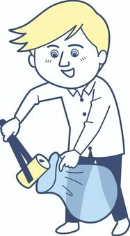 ゴミ拾いをする男性2_淡色版 ゴミ拾い,清掃,ゴミ,掃除,地域,外国人,ボランティア,空き缶,トング,ゴミ袋のイラスト素材