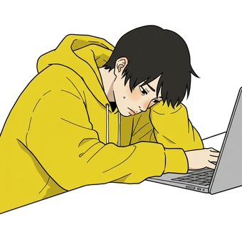 A worried and depressed figure in front of a computer, JPG and PNG A worried and depressed figure in front of a computer, male, parker, yellow, JPG and PNG