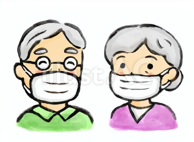 マスクをつけたシニア夫婦３ 筆絵,高齢者,マスクのイラスト素材