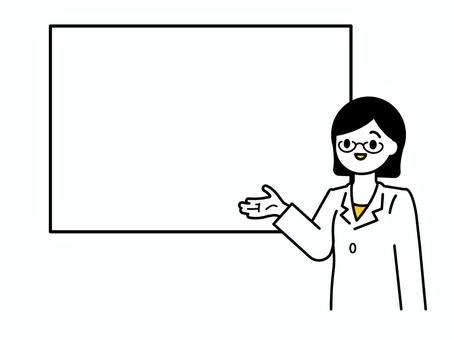 ホワイトボードと白衣の女性のイラスト02 人物,女性,医療,保健,福祉,教育,病院,医師,管理栄養士,薬剤師のイラスト素材