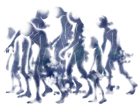 横に歩くホラーな人影の集団　にじみ 人物,人影,ホラー,集団,歩く,横向き,たくさん,青色,にじみ,水彩画のイラスト素材