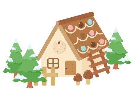 ヘクセンハウスと雪が積もった木 クリスマス,お菓子の家,ヘクセンハウス,木,お菓子,かわいい,ポップ,洋菓子,飾り,冬のイラスト素材