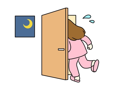 夜間頻尿でトイレに駆け込む女性 夜間頻尿,頻尿,トイレ,尿意,起きる,女性,パジャマ,過活動膀胱,夜,目覚めるのイラスト素材