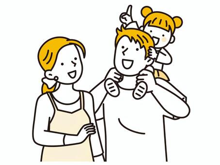 子どもを肩車して幸せそうな家族３人 家族,散歩,肩車,親子,子ども,子育て,楽しい,笑顔,かわいい,パパのイラスト素材