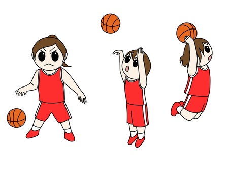女子バスケットボール1 バスケットボール,ドリブル,シュート,パス,ジャンプ,ボール,スポーツ,女子のイラスト素材