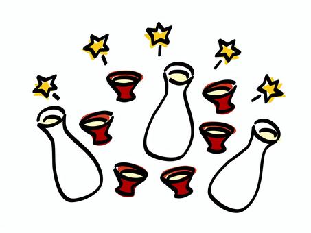 日本酒をぐい呑みで乾杯！_色ズレゆるい絵 日本酒,乾杯,ぐい呑み,おちょこ,徳利,漆塗り,朱塗り,手書き,手描き,ゆるいのイラスト素材