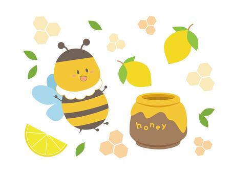 蜂さんとはちみつレモンの可愛いイラスト 蜂,はちみつ,レモン,虫,食べ物,セット,可愛いのイラスト素材
