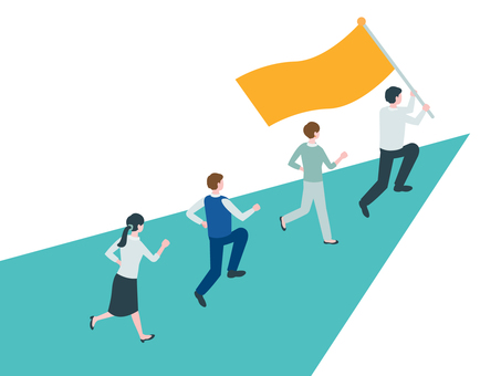 旗を掲げて走るリーダーと仲間 人物,会社員,サラリーマン,キャリアウーマン,ビジネスマン,ビジネスウーマン,走る,チーム,全身,前進のイラスト素材