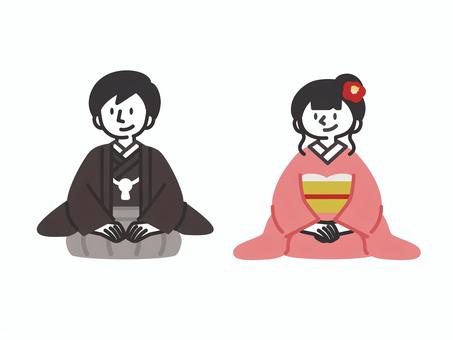 新年のあいさつをする男女 人,正月,年賀状,挨拶,お辞儀,男性,女性,袴,晴れ着,着物のイラスト素材