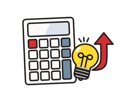 電気代アップ１赤　電球と電卓 電気代,アップ,料金,値上げ,高騰,インフレ,上向き,矢印,電卓,計算のイラスト素材