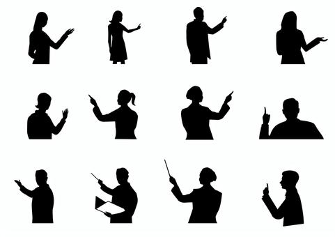 silhouette_Pointeing シルエット,人物,指差し,先生,講義,シンプル,授業,ミーティングのイラスト素材
