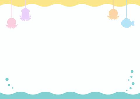 海の波と魚のかわいい夏の背景素材 海,夏,釣り,背景,フレーム,魚,魚釣り,波,イカ,タコのイラスト素材