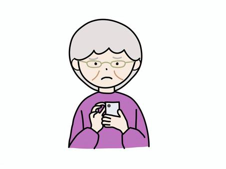 スマホ操作する　おばあさん　困る 女性,スマホ,おばあさん,操作,困る,不安,迷う,ネット,検索,電話のイラスト素材