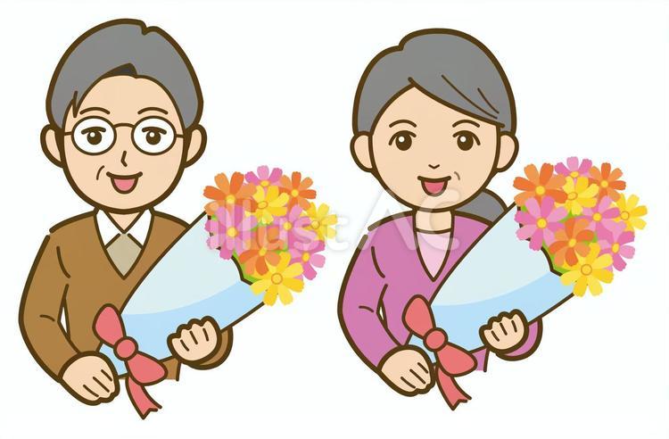 花束を持つシニア夫婦01（線あり）_25 敬老の日,敬老,夫婦のイラスト素材