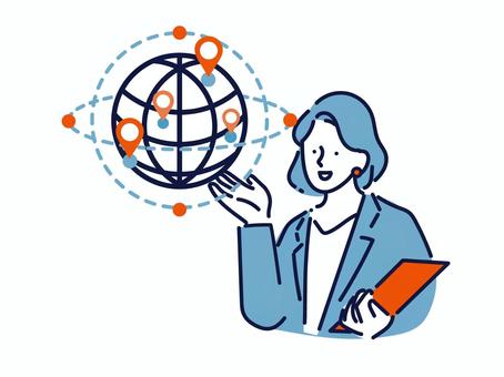 海外拠点を説明する営業女性 グローバル,ワールドワイド,海外,多国籍,拠点,人材,企業,工場,場所,会社のイラスト素材