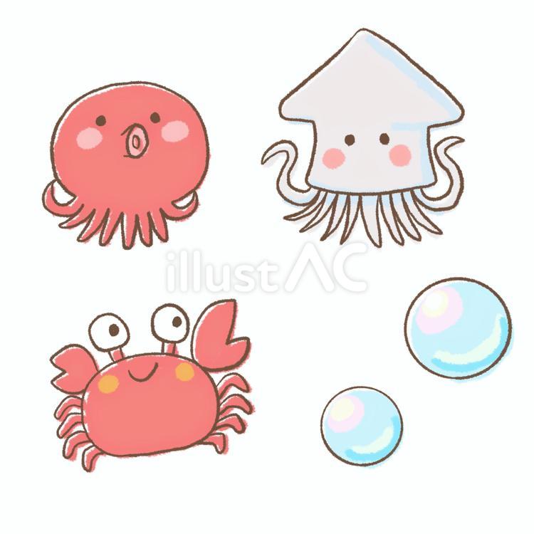 ゆるかわ海の仲間たち（タコ・イカ・カニ） 海,生き物,夏のイラスト素材
