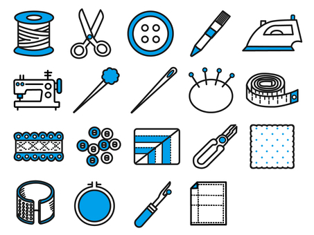 お裁縫アイテム整理収納アイコン青色セット 裁縫,セット,糸,ハサミ,裁断,ボタン,チャコペン,アイロン,ミシン,まち針のイラスト素材