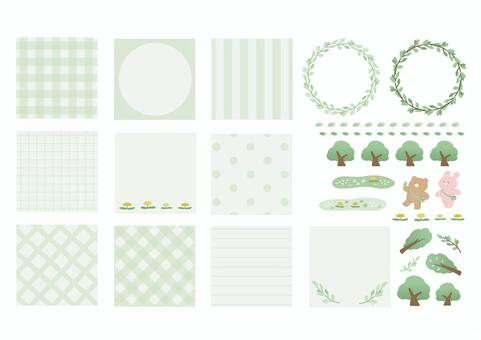 グリーンの背景素材セット 背景,ギンガムチェック,ストライプ,罫線,チェック,水玉,フレーム,円形,くま,うさぎのイラスト素材