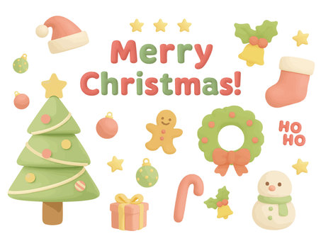クリスマス立体イラストセット クリスマス,冬,イベント,立体,3d,ツリー,リース,サンタクロース,帽子,ベルのイラスト素材
