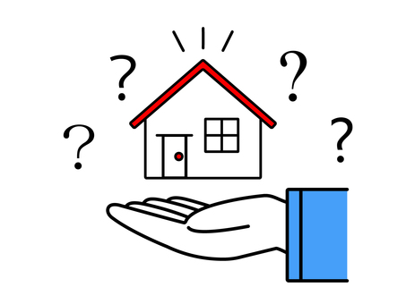 人物の手と家とクエスションマーク 家,住宅,マイホーム,住まい,はてな,クエスションマーク,疑問,質問,分からない,問題のイラスト素材