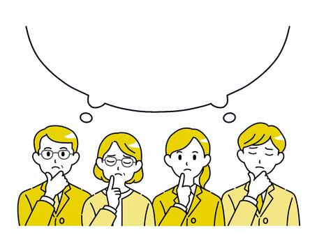 考える会社員　吹き出しフレーム　黄色１ 男性,女性,ビジネスマン,考える,悩む,セット,吹き出し,フレーム,セリフ,人々のイラスト素材