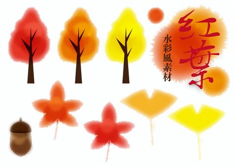 秋の紅葉 水彩風素材 秋の紅葉 水彩風素材 紅葉,もみじ,イチョウのイラスト素材