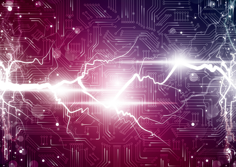 紫色の電子回路と電流エネルギーの背景素材 デジタル,電子回路,基盤,テクノロジー,電流,稲妻,エネルギー,光,パーティクル,フレアのイラスト素材