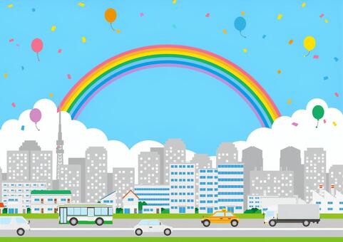 賑やかで可愛い都市と街のイラスト風景素材 街,都市,家,ビル,オフィス,タワー,工場,自動車,道路,バスのイラスト素材