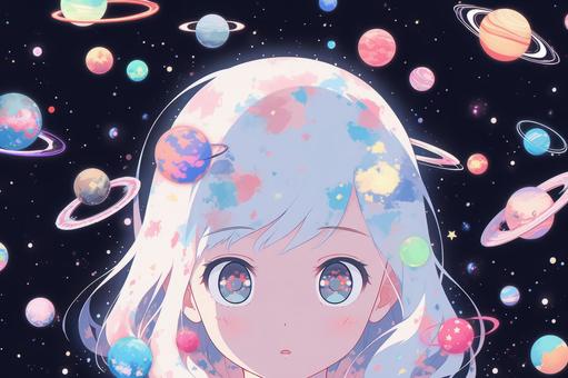 Illustration, space, planet, girl, 