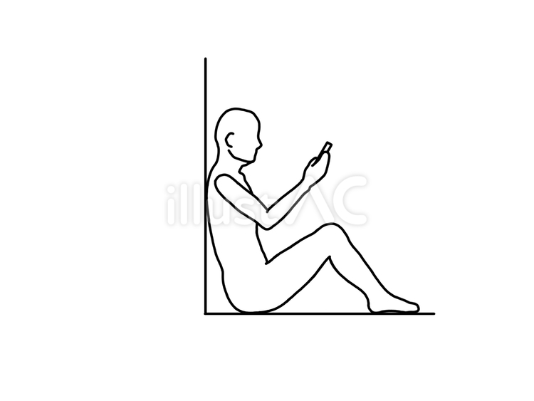 壁にもたれて立膝で座りスマホを見る人 スマホ,座位,横向きのイラスト素材