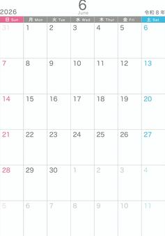 シンプル_2026_06_縦_日始 シンプル_2026_06_縦_日始 カレンダー,2026,6月,june,令和8年,日曜始め,おしゃれ,かわいい,冬,記念日なしのイラスト素材