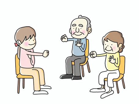 みんなで脳トレグーパー体操01 脳トレ体操,脳トレ,グーパー体操,椅子体操,老人,高齢者,おじいさん,おばあさん,お年寄りのイラスト素材