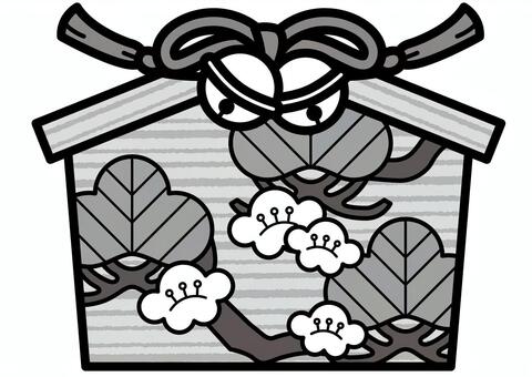 絵馬-2c 絵馬,鈴,紐,松,梅,かわいい,シンプル,モノクロ,グレーのイラスト素材