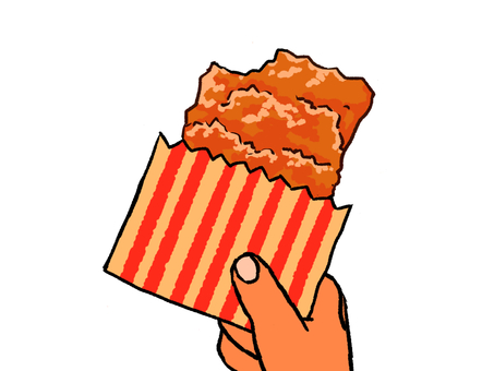 手に持つフライドチキン フライドチキン,ホットスナック,チキン,食べ物,おかず,紙パック,コンビニ商品,あげもの,軽食,おやつのイラスト素材