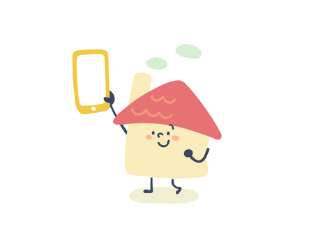 お家（スマホ） 家,スマホ,検索,申し込み,戸建て,建物,家屋,一軒家,優しい,挿し絵のイラスト素材