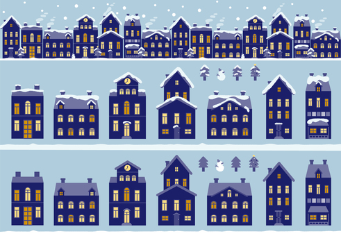 クリスマスの夜の街並みと建物パーツセット クリスマス,夜,街並み,街,家,建物,雪,冬,季節,背景のイラスト素材