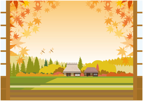 秋の紅葉風景 秋,紅葉,10月,田舎,森林,自然のイラスト素材