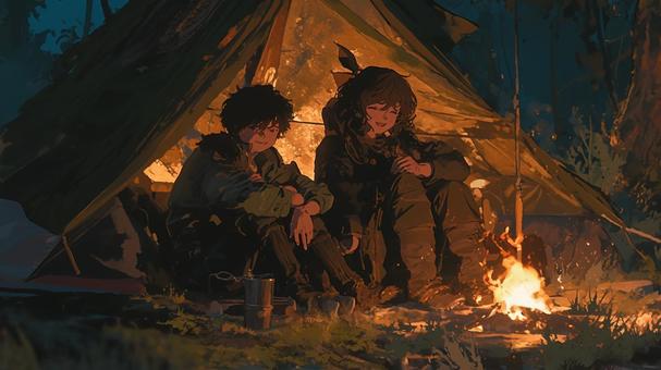 焚火とテントの夜 焚火とテントの夜 キャンプ,アウトドア,焚火のイラスト素材