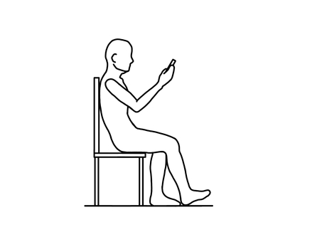 スマホを見ながら椅子に腰掛ける人 スマホを見ながら椅子に腰掛ける人 座位,スマホ,悪姿勢,骨盤後傾,横向き,線画,白黒のイラスト素材