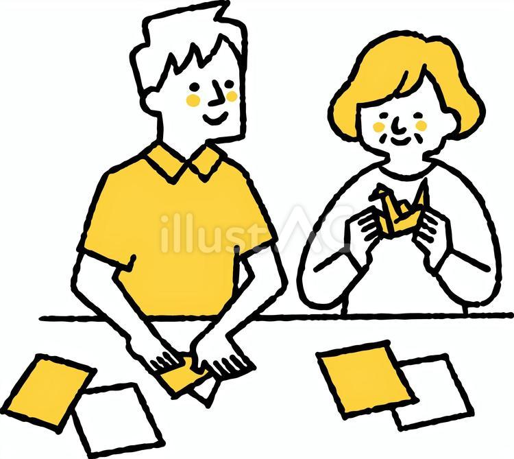 施設で折り紙を折る介護士と高齢者 施設,折り紙,折るのイラスト素材