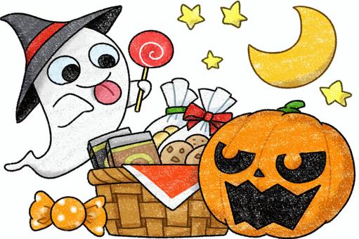 お菓子を分け合うオバケとカボチャ クレヨン調,ハロウィン,10月,お菓子,カボチャ,ジャックオランタン,オバケのイラスト素材
