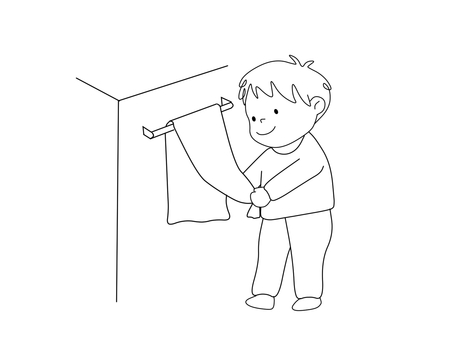 【動作絵】手を拭く男の子 男の子,手,拭く,タオル,動作絵,絵カード,子供,言語聴覚療法,療育,ラインアートのイラスト素材