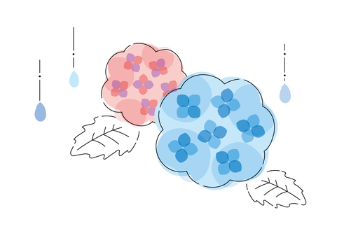 手描き風_初夏_A03_5 梅雨,紫陽花,雨,花,初夏,6月,雨粒,水滴,葉っぱ,手描きのイラスト素材