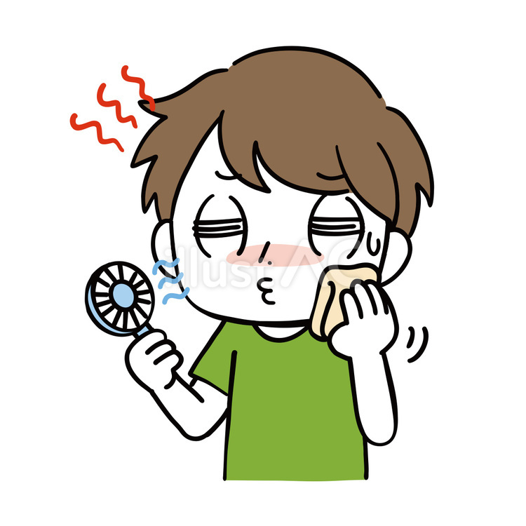 携帯扇風機を使いながら汗を拭く男性 携帯,扇風機,涼しいのイラスト素材