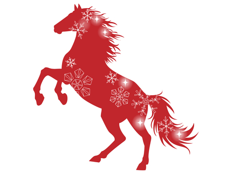 かっこいい馬の年賀状素材/赤 馬,年賀状,シルエット,午年,キラキラ,雪,雪の結晶,かっこいい,立ち上がる,ジャンプのイラスト素材