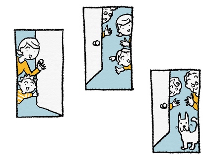 ドアを開けて笑顔で迎える家族 ドアを開けて笑顔で迎える家族 母子,親子,家族,笑顔,玄関,出迎え,日常,生活,マンガ的,コミカルのイラスト素材