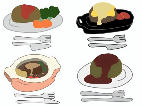 ハンバーグのイラスト ハンバーグ,煮込みハンバーグ,食べ物,イラスト,手描き,セットのイラスト素材