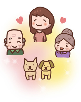 あったか家族（祖父母とペットの犬と女性） 親族,おばあちゃん,おじいちゃん,犬,デイサービスのイラスト素材