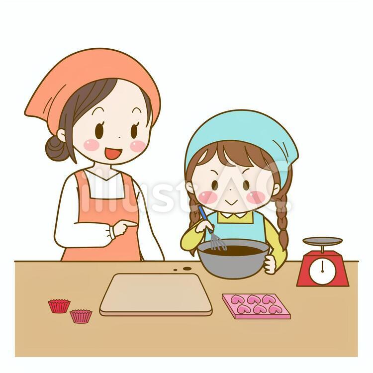 バレンタインのチョコレート作り母娘 バレンタイン,手作り,チョコレートのイラスト素材