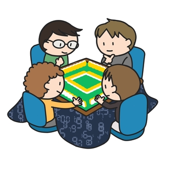 ４人でこたつ麻雀を楽しむ若い男性たち 麻雀,こたつ,四麻,4人,卓,牌,健康,趣味,メンツ,グループのイラスト素材